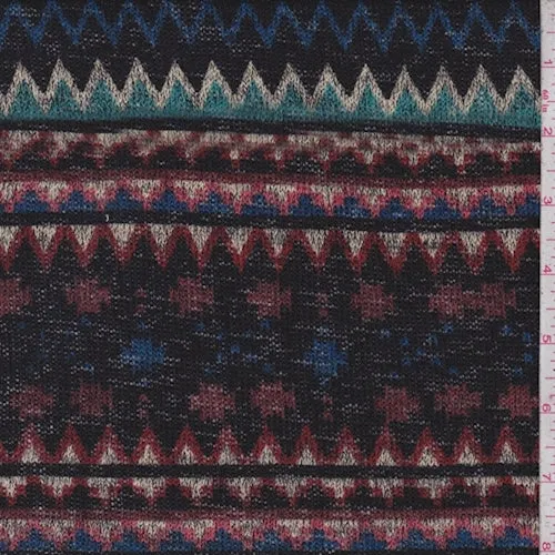 4 3/8 YD PC-Black/Spruce/Royal Aztec Stripe Sweater Knit Fabric