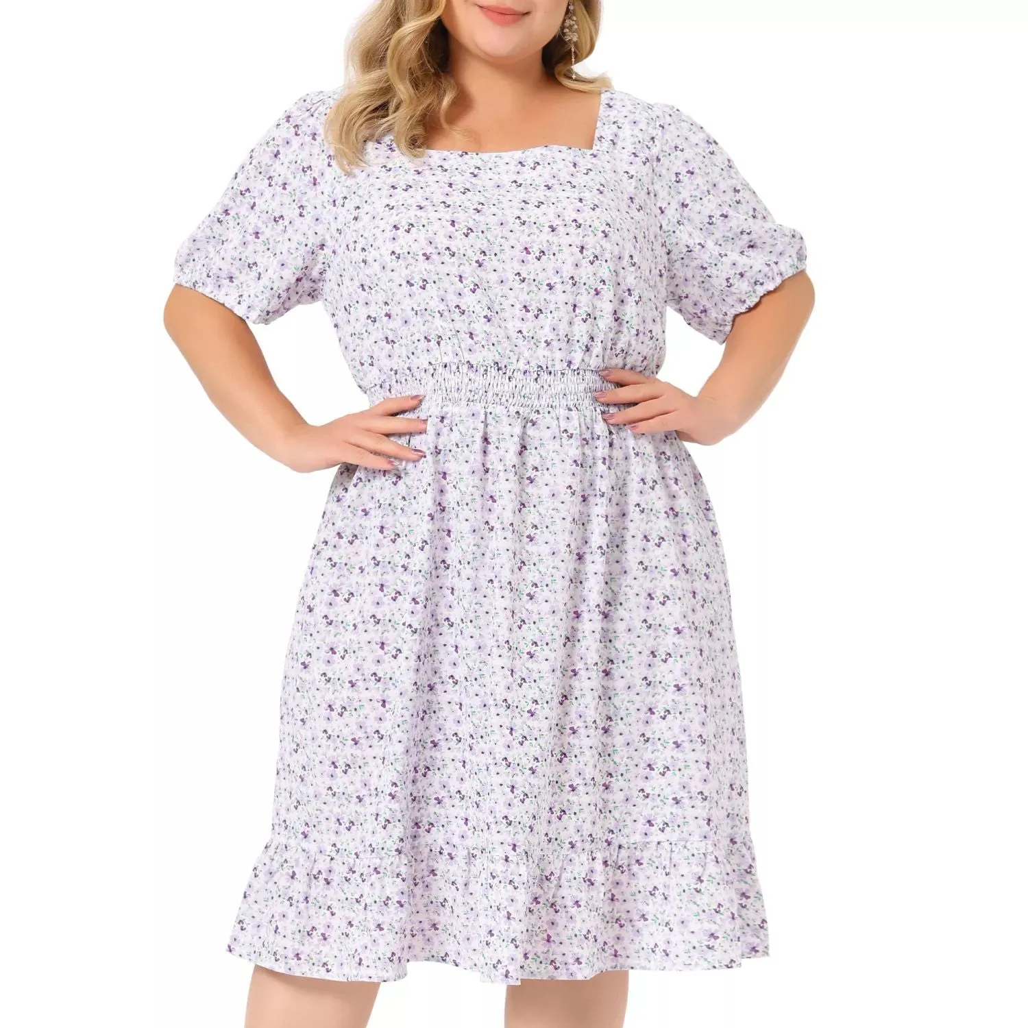 Agnes Orinda Women's Plus Size Ruffle Smocked Waist Floral Midi Shirt Dress ,  violet