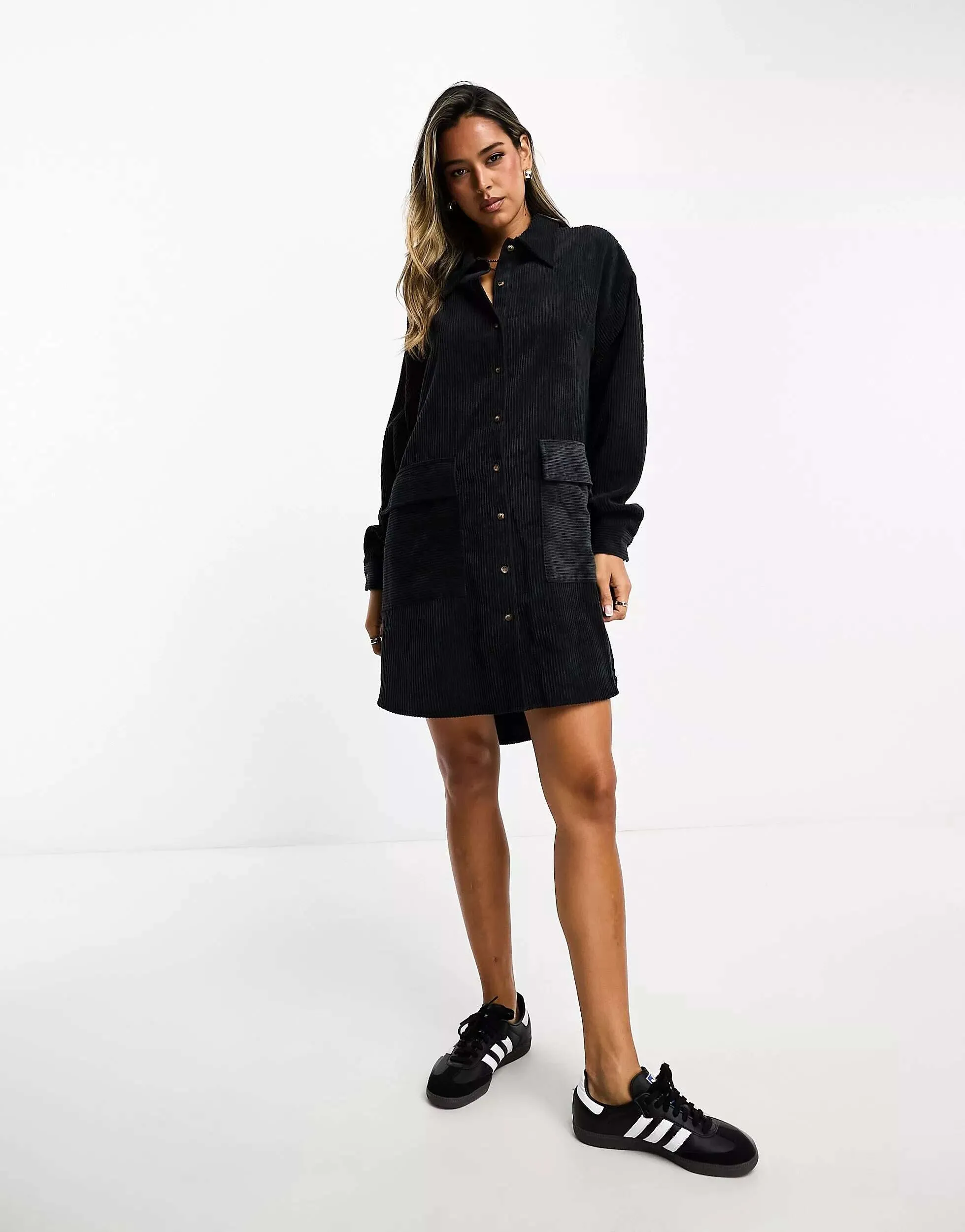 ASOS Oversized Corduroy Shirtdress with Pockets in Dark Charcoal