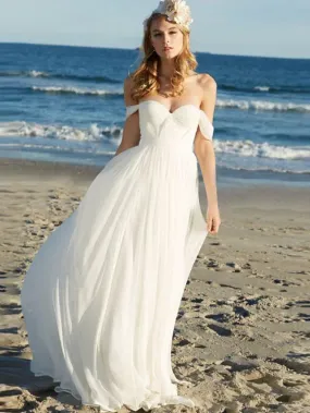 Beach Boho Sexy Wedding Dresses Floor Length A-Line Sleeveless Off Shoulder Chiffon With Pleats Solid