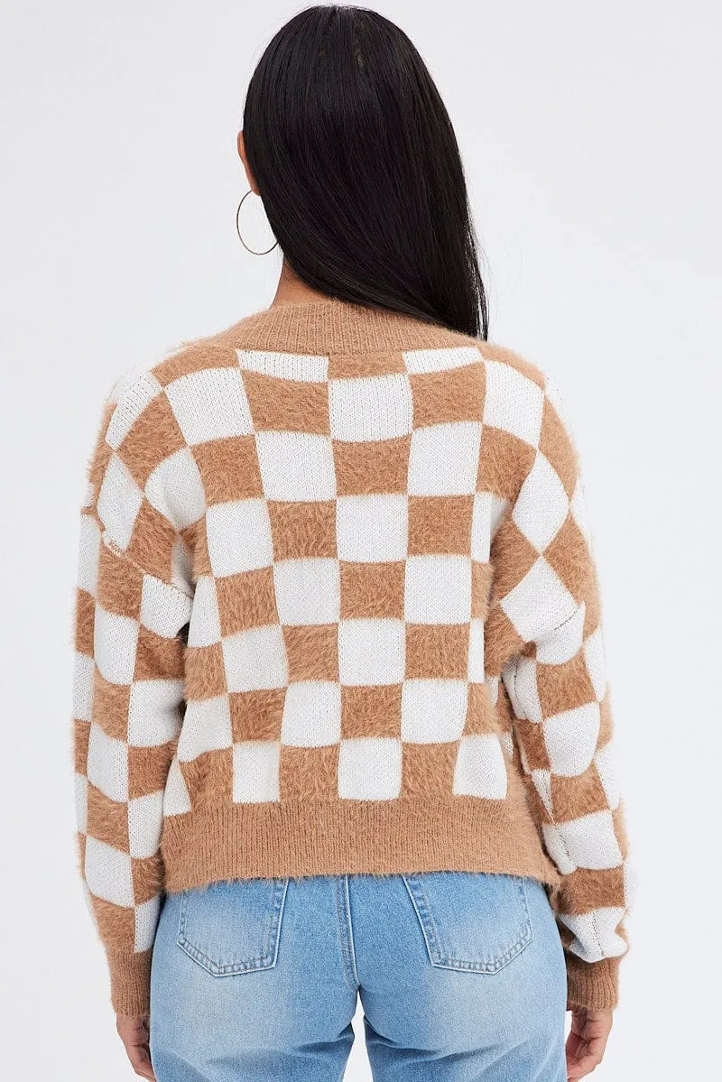 Beige Check Oversized Cardigan