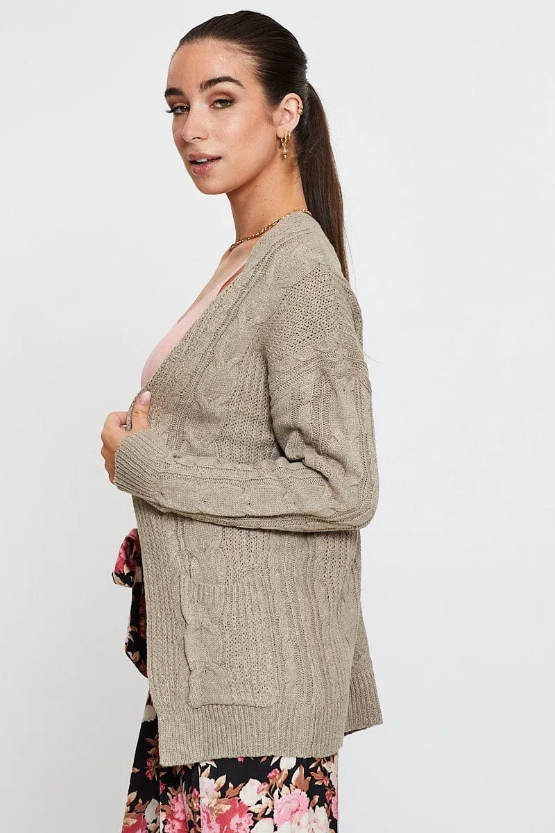 Beige Knit Cardigan Long Sleeve Relaxed Cable