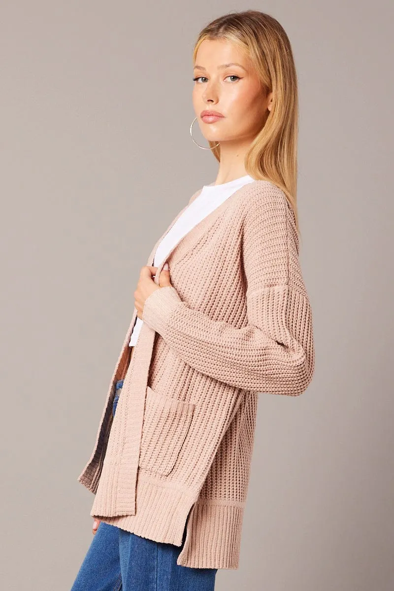 Beige Knit Cardigan Longline Chenille