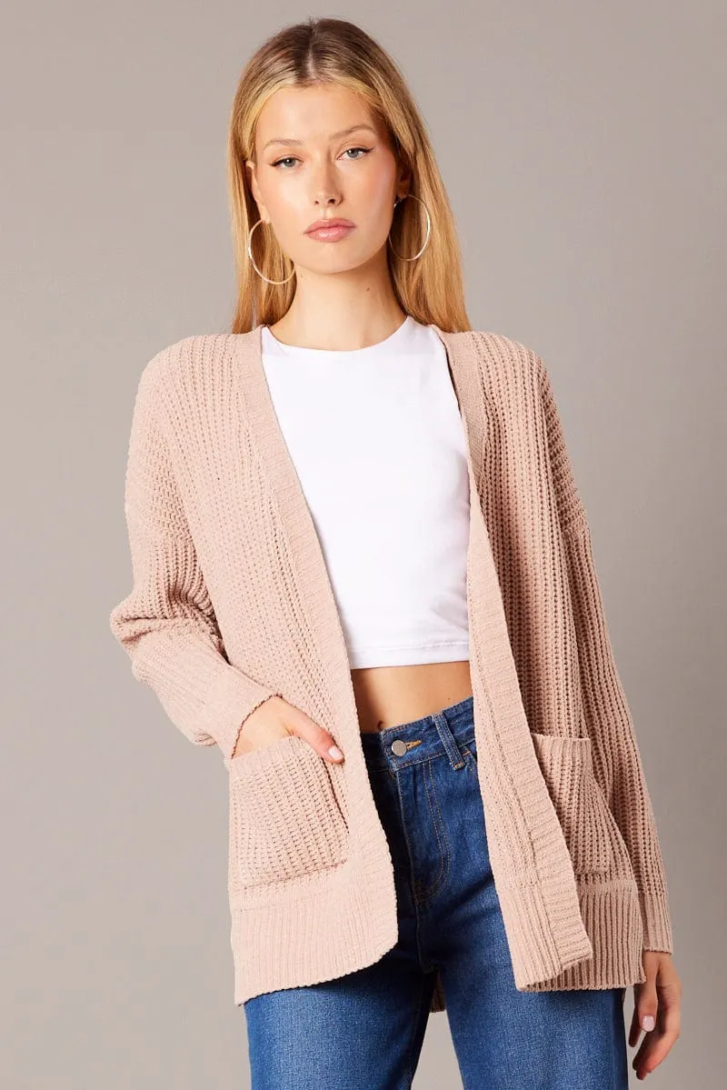 Beige Knit Cardigan Longline Chenille