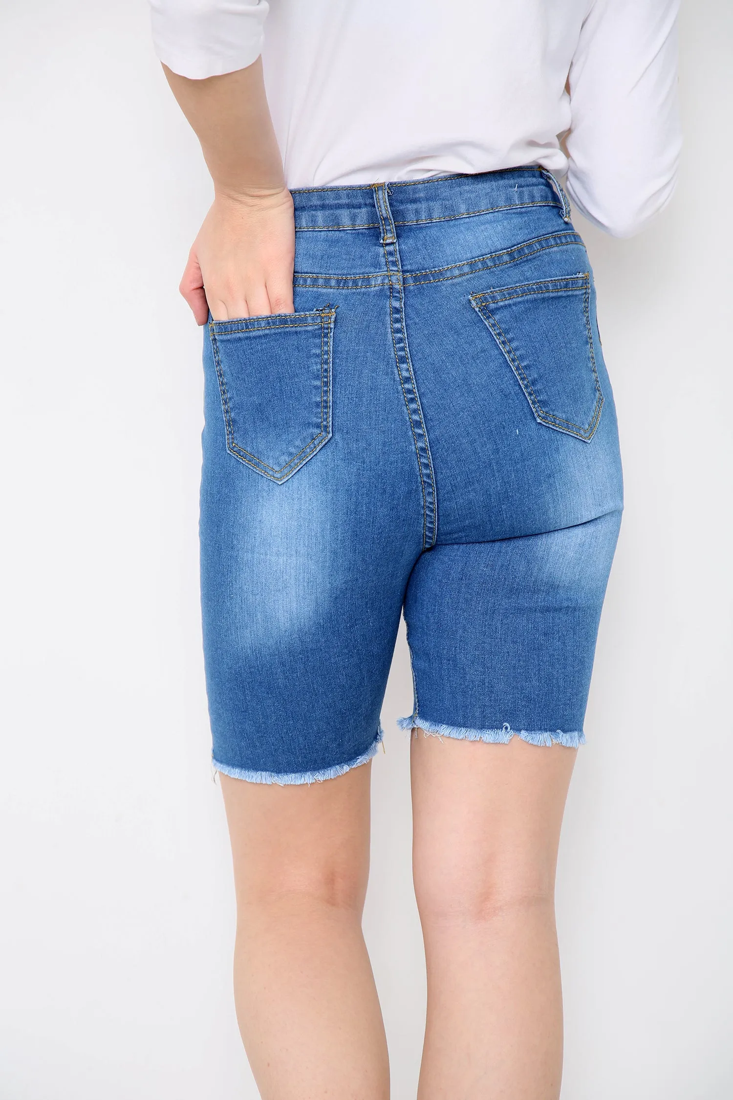 Blue High Waisted Long Denim Shorts