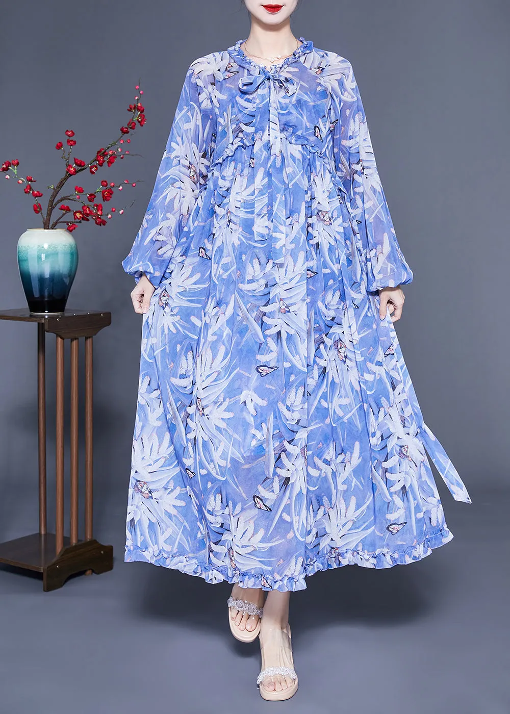 Boho Blue Ruffled Print Exra Large Hem Silk Beach Dresses Lantern Sleeve LC0432