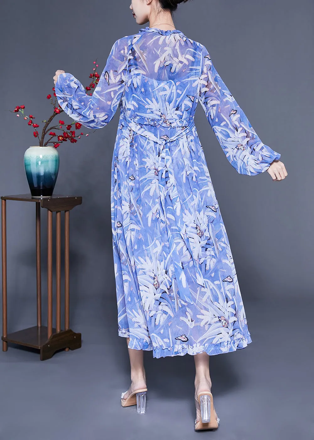 Boho Blue Ruffled Print Exra Large Hem Silk Beach Dresses Lantern Sleeve LC0432