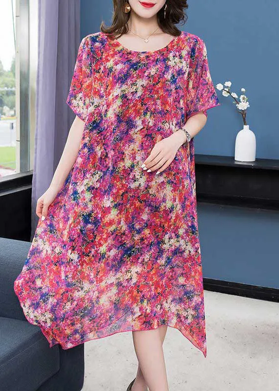 Boho Purple Print Asymmetrical Design Patchwork Chiffon Dresses Summer LY6832