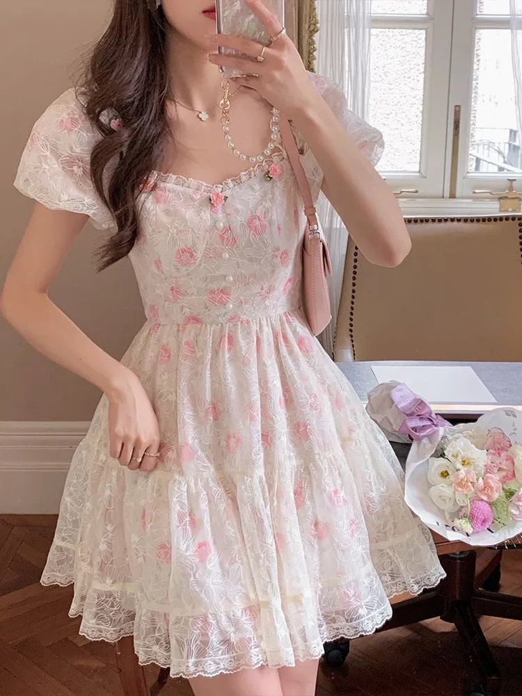 Bonnyshow  Floral Lace Korean Sweet Dress Women France Vintage Elegant Party Mini Dresses Female Print Casual Beach Boho Fairy Dress Summer