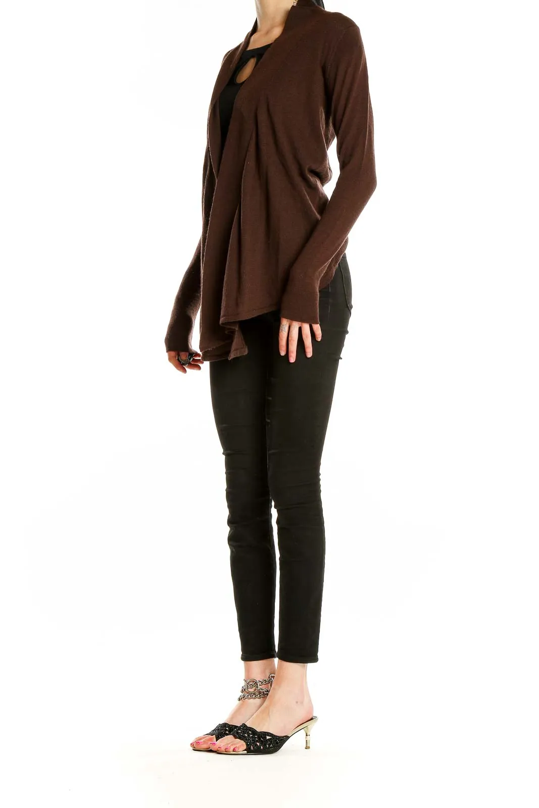 Brown Open Front Knit Cardigan