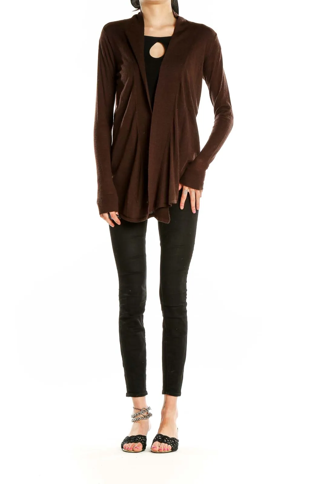 Brown Open Front Knit Cardigan