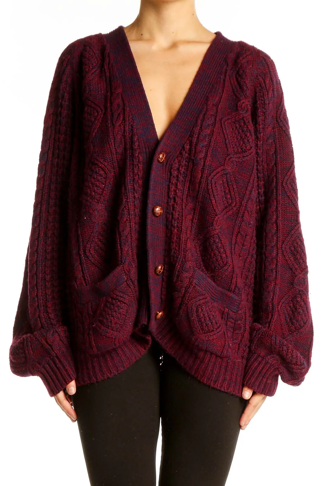 Burgundy Oversized Cable Knit Cardigan