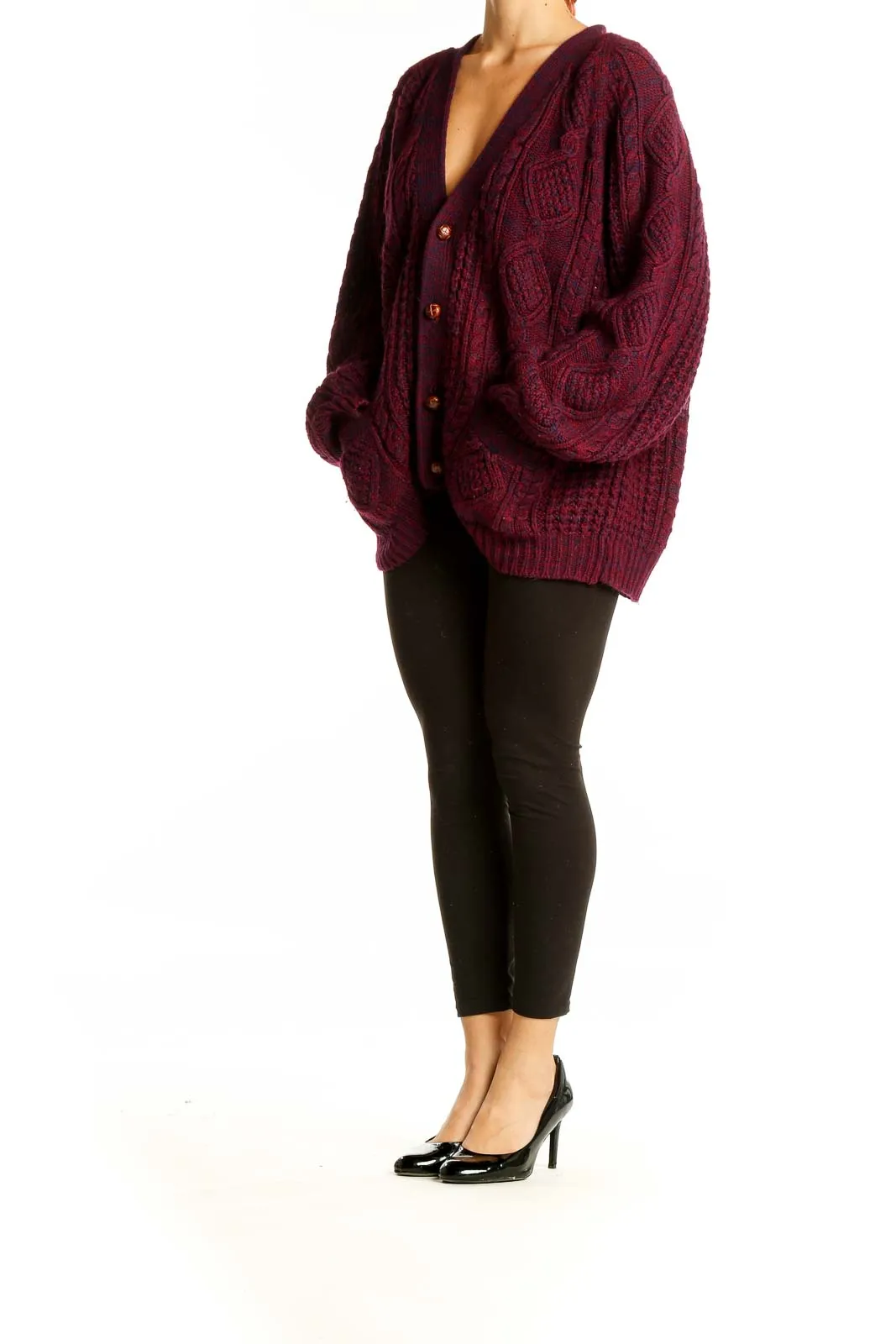 Burgundy Oversized Cable Knit Cardigan