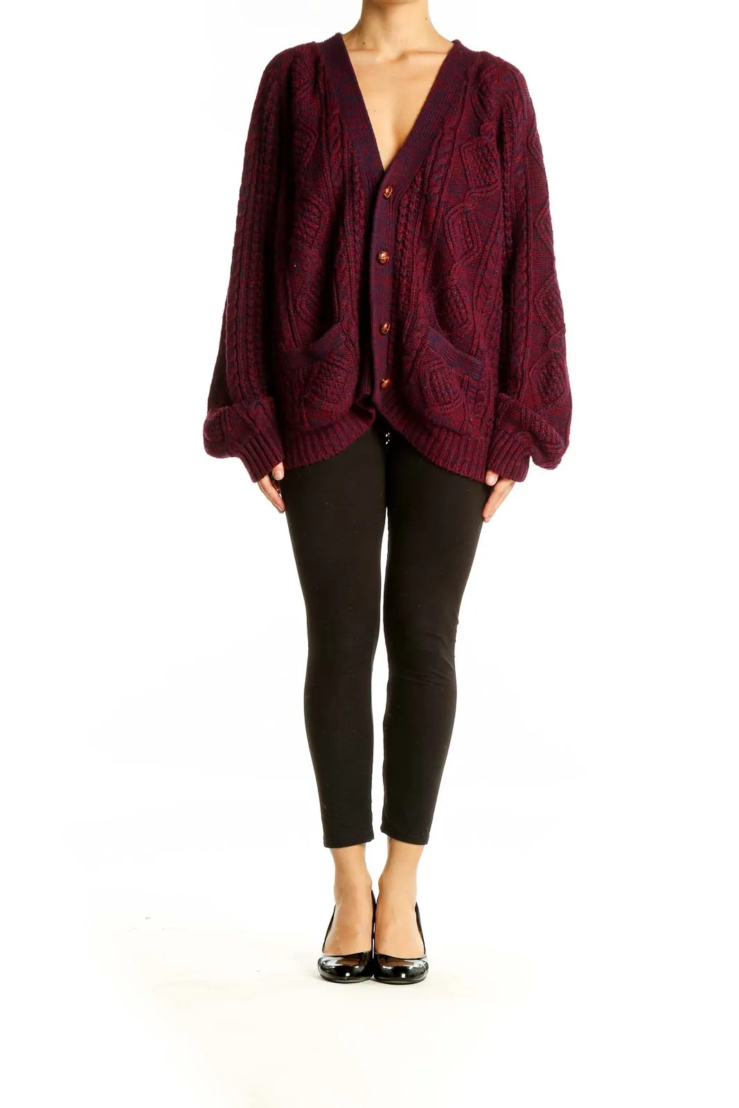 Burgundy Oversized Cable Knit Cardigan