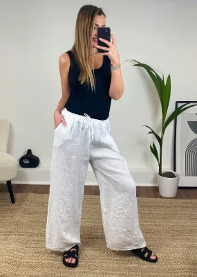 Caroline Wide Leg Linen Pants in White