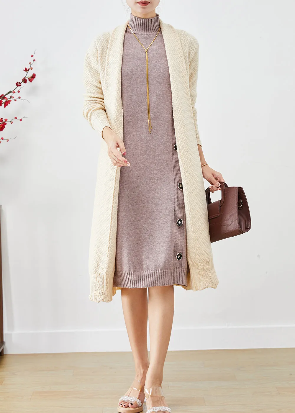 Casual Beige Oversized Cashmere Knit Long Cardigans Fall