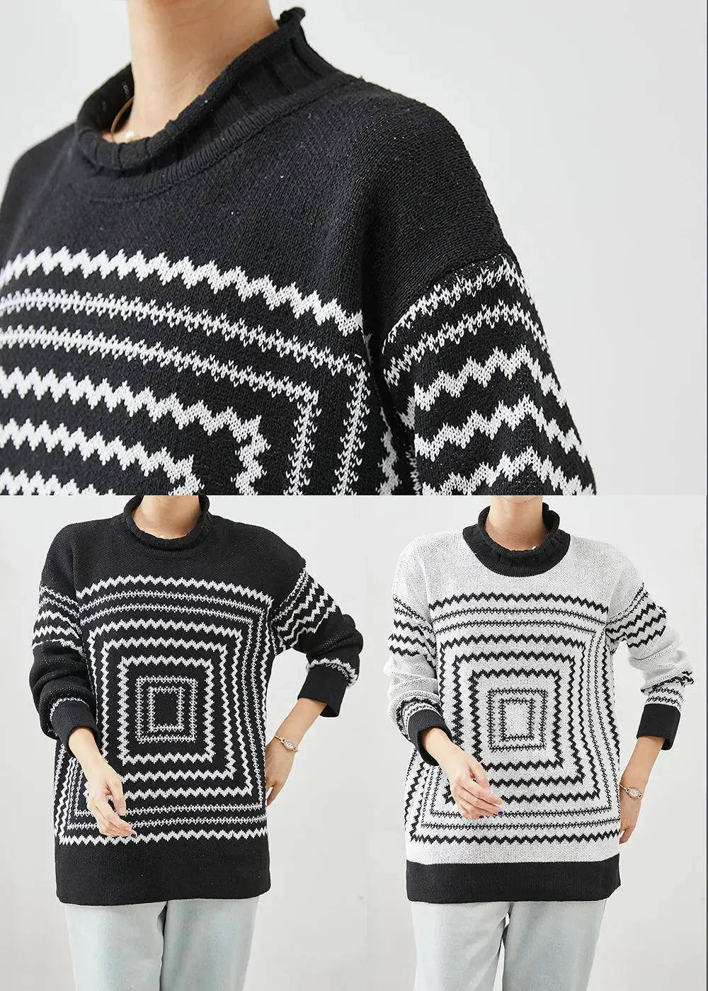 Chic Black Oversized Print Knit Sweaters Winter ML3245