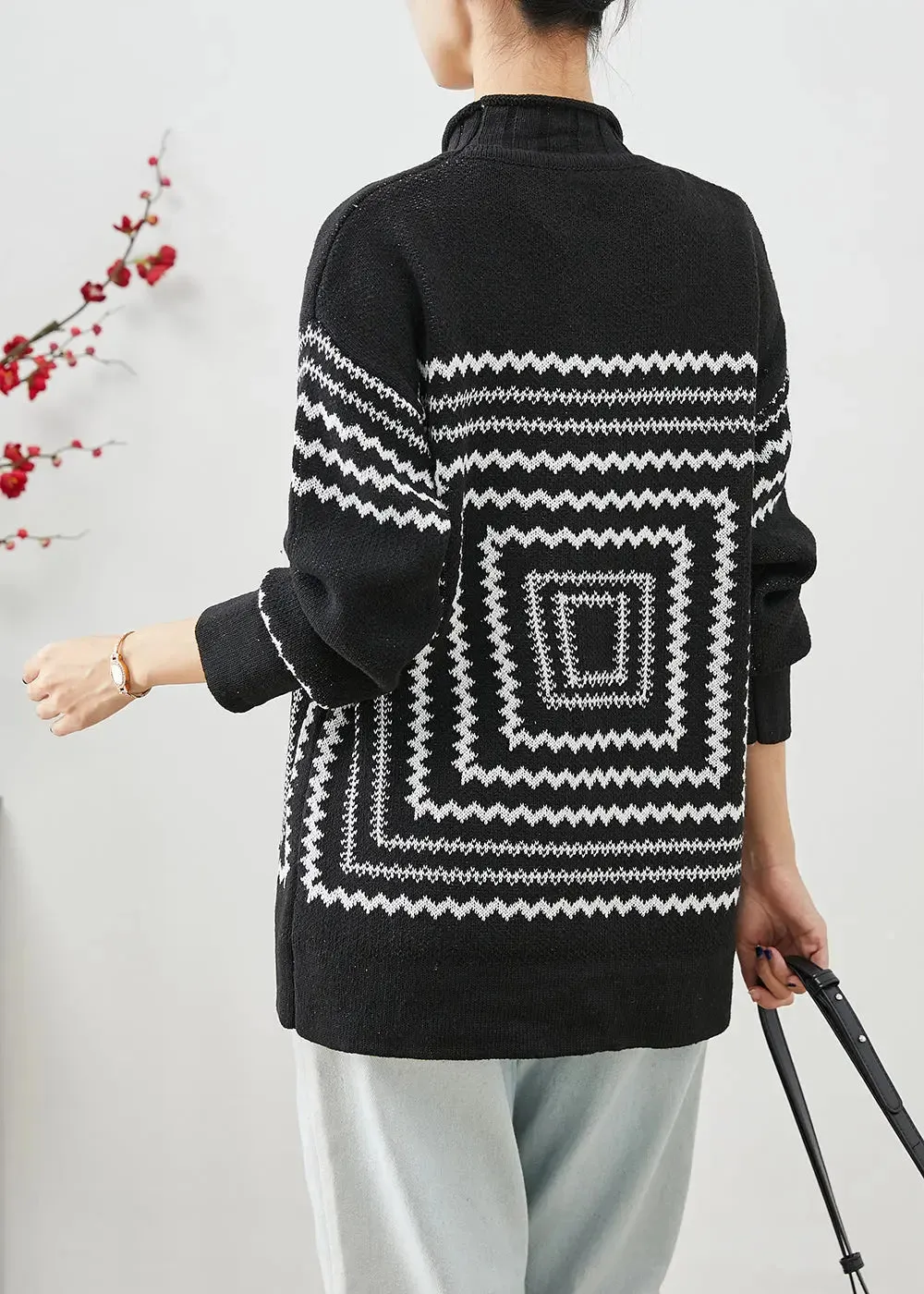 Chic Black Oversized Print Knit Sweaters Winter ML3245