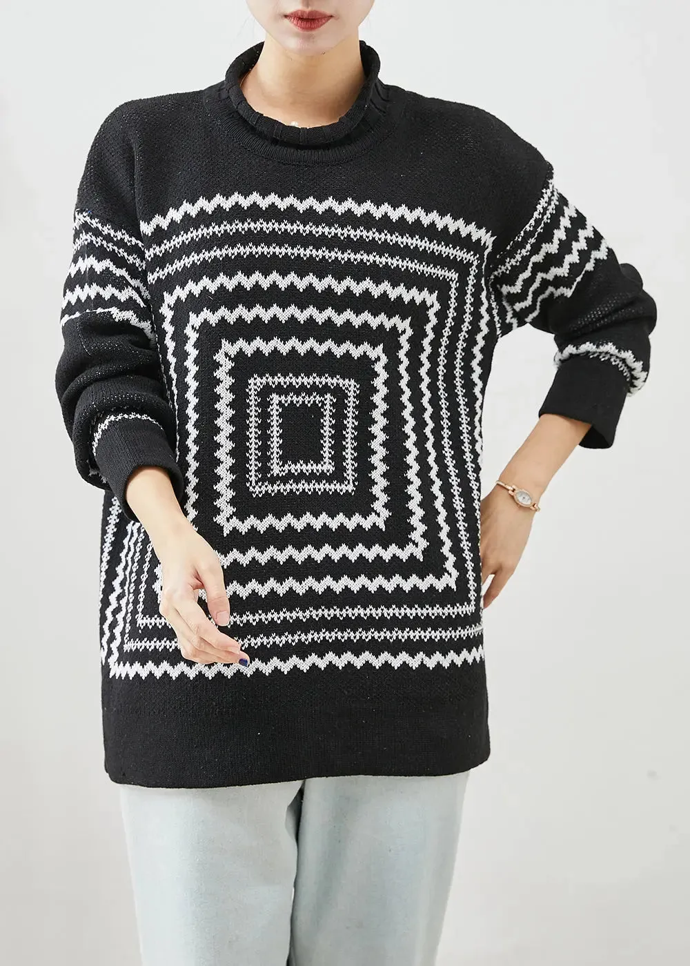 Chic Black Oversized Print Knit Sweaters Winter ML3245