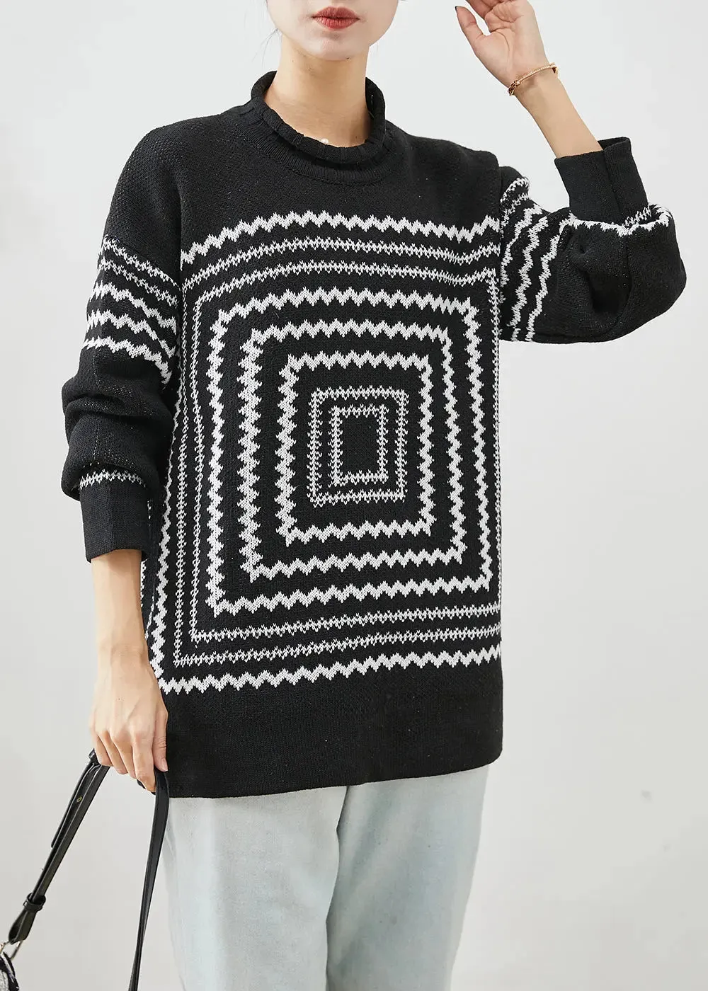 Chic Black Oversized Print Knit Sweaters Winter ML3245