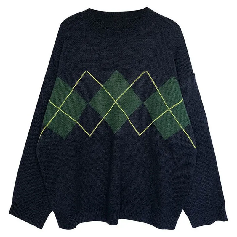 College Style Navy Blue Color Block Oversized Pullover Argyle Sweater