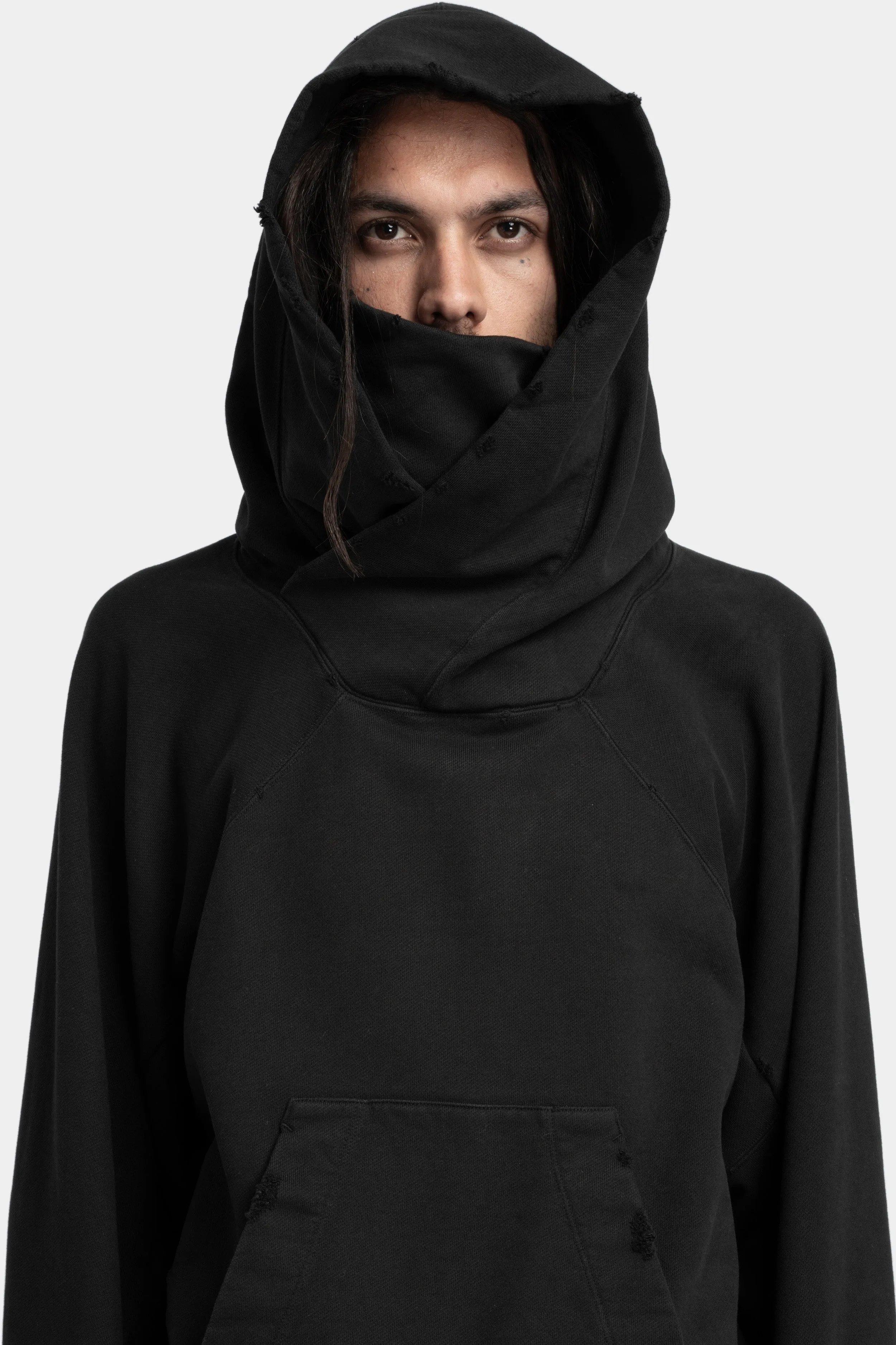 Cross neck hooded raglan sweatshirt