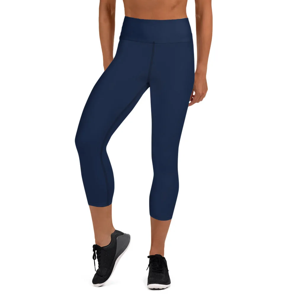 Dark Blue Yoga Capri Leggings, Solid Color Women's Workout Gym Tights- Made in USA/EU/MX