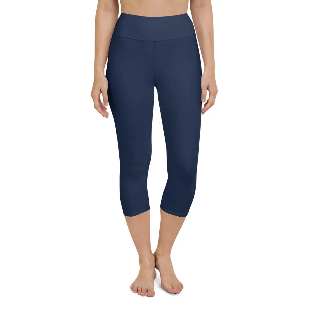 Dark Blue Yoga Capri Leggings, Solid Color Women's Workout Gym Tights- Made in USA/EU/MX