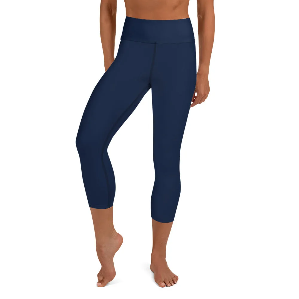 Dark Blue Yoga Capri Leggings, Solid Color Women's Workout Gym Tights- Made in USA/EU/MX