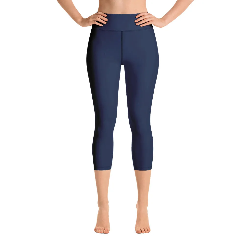 Dark Blue Yoga Capri Leggings, Solid Color Women's Workout Gym Tights- Made in USA/EU/MX