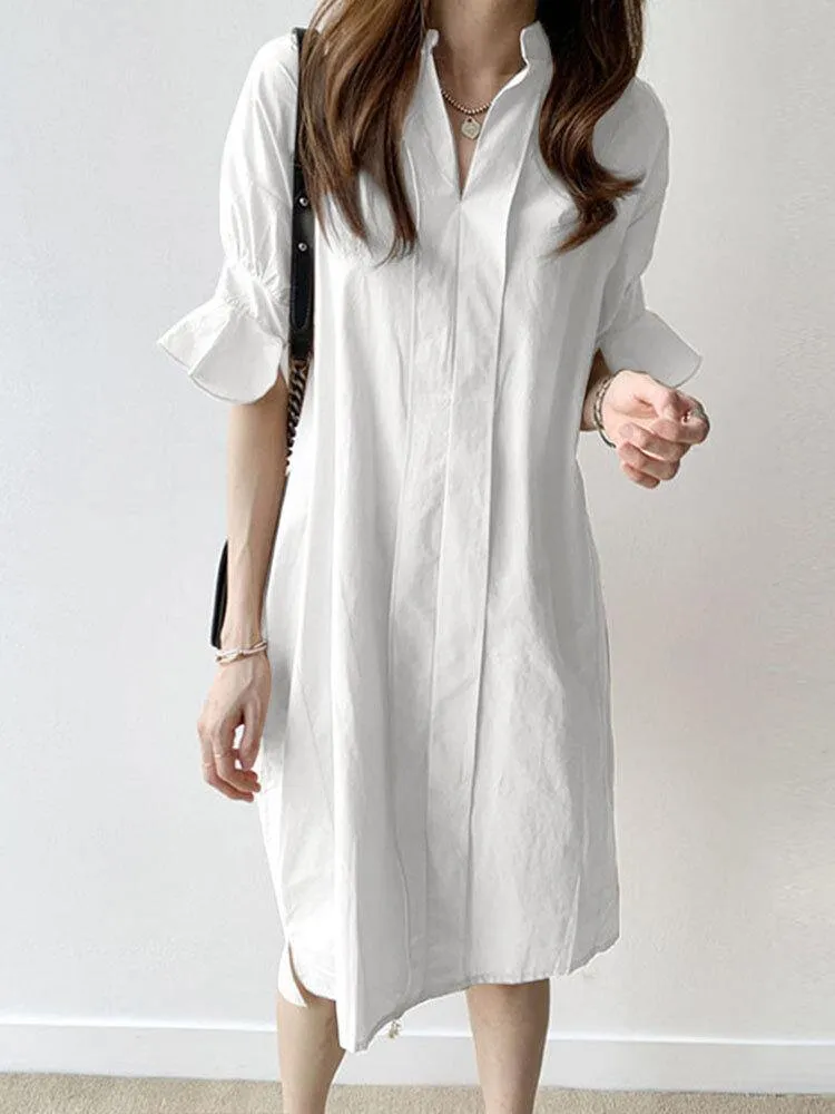 deanwangkt Casual Plain Lapel Button Half Sleeve Side Pocket Shirt Dress