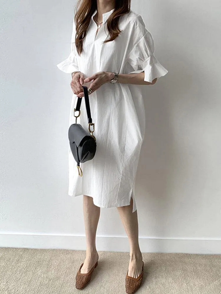 deanwangkt Casual Plain Lapel Button Half Sleeve Side Pocket Shirt Dress