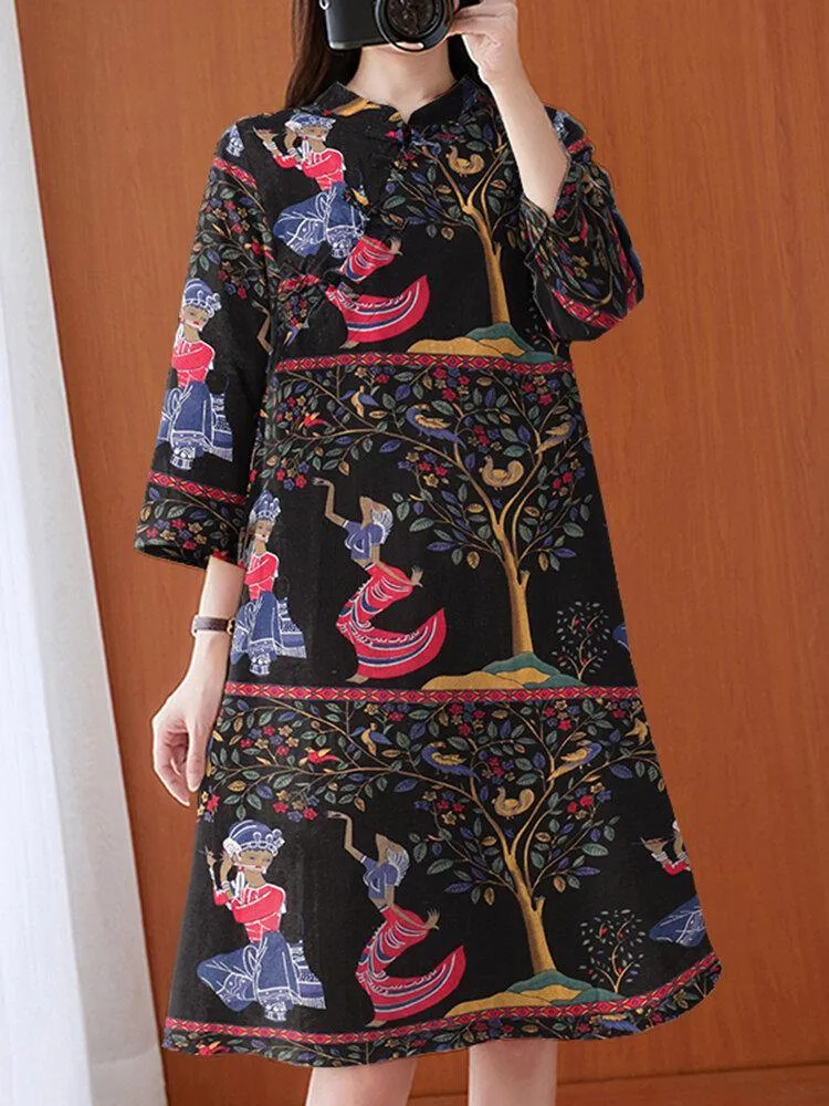 deanwangkt Ethnic Floral Figure Print Stand Collar Long Sleeve Vintage Shirt Dress With Pocket