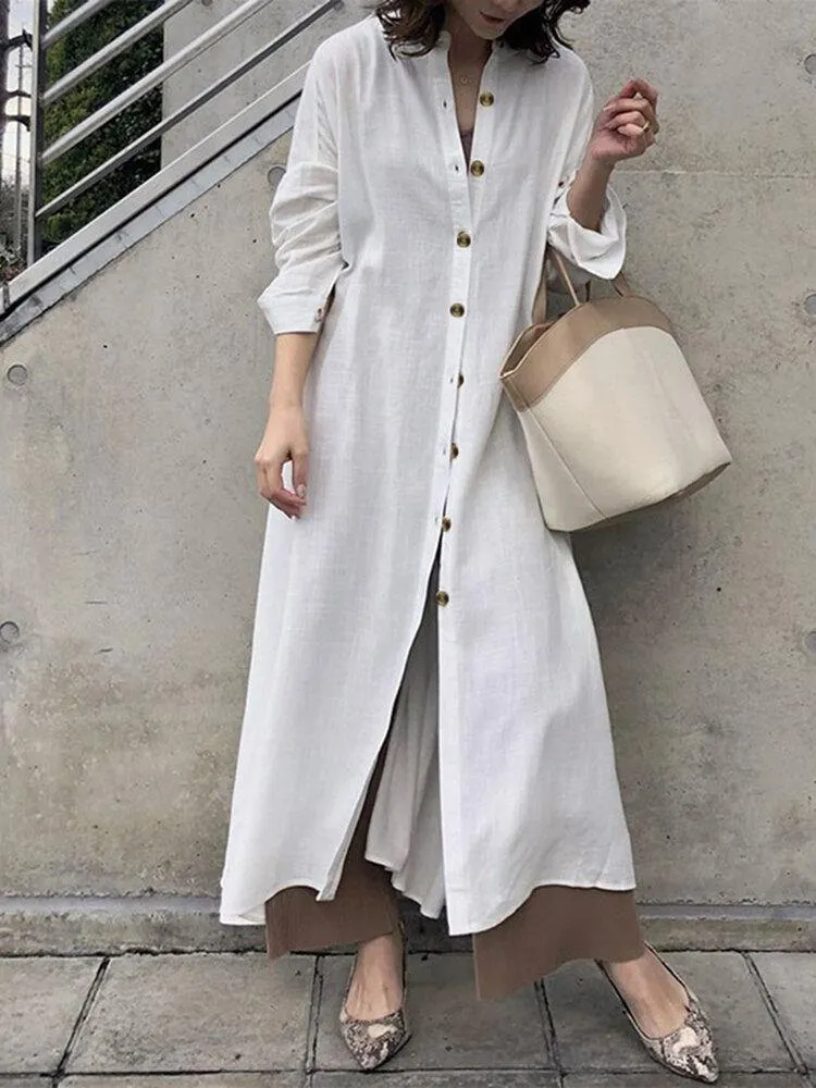 deanwangkt Women Casual Solid Color Stand Collar Long Sleeve Button Shirt Dress