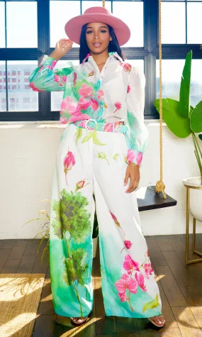 Fancy Floral | Long Belted Pants Set - Mint Floral Print FINAL SALE