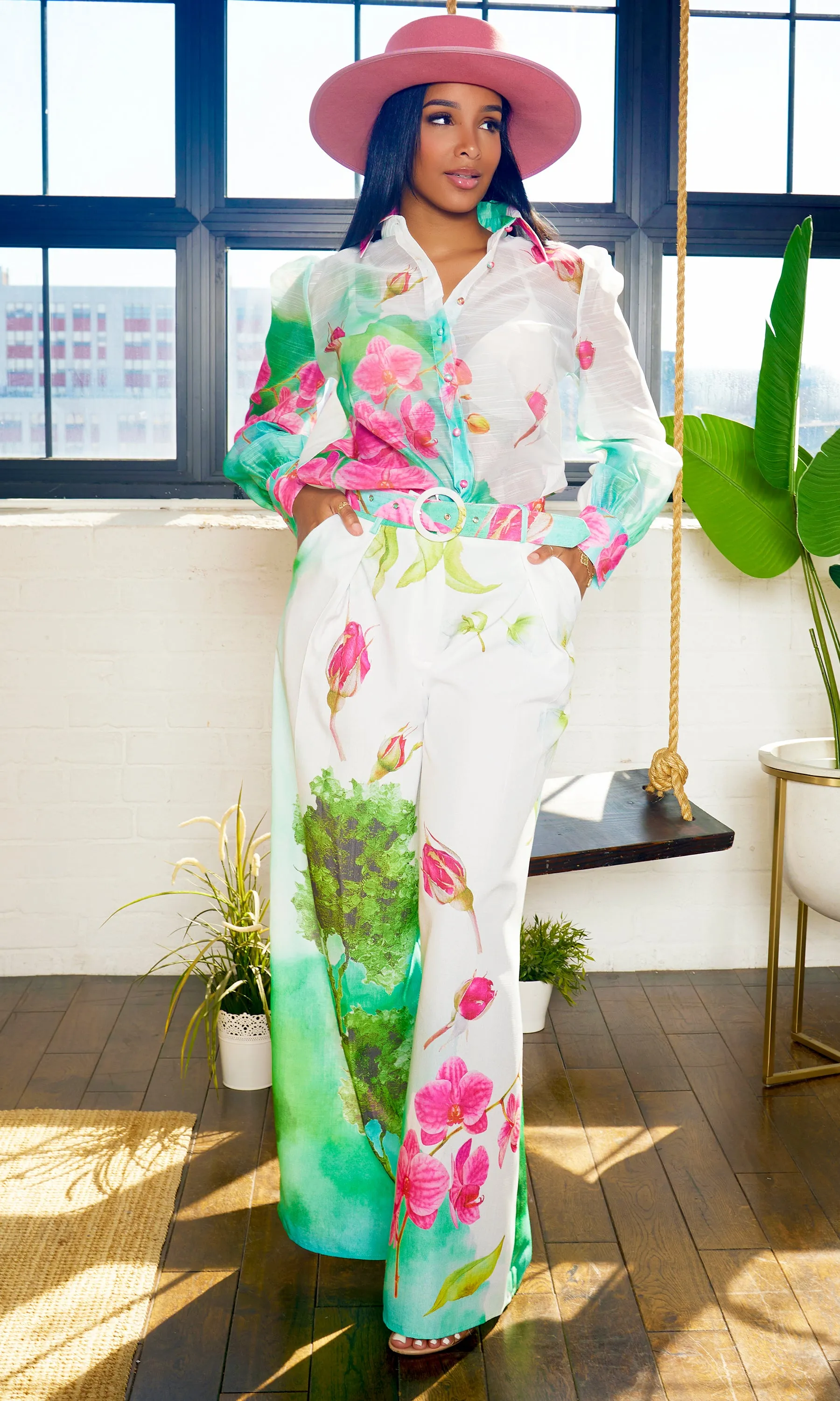 Fancy Floral | Long Belted Pants Set - Mint Floral Print FINAL SALE