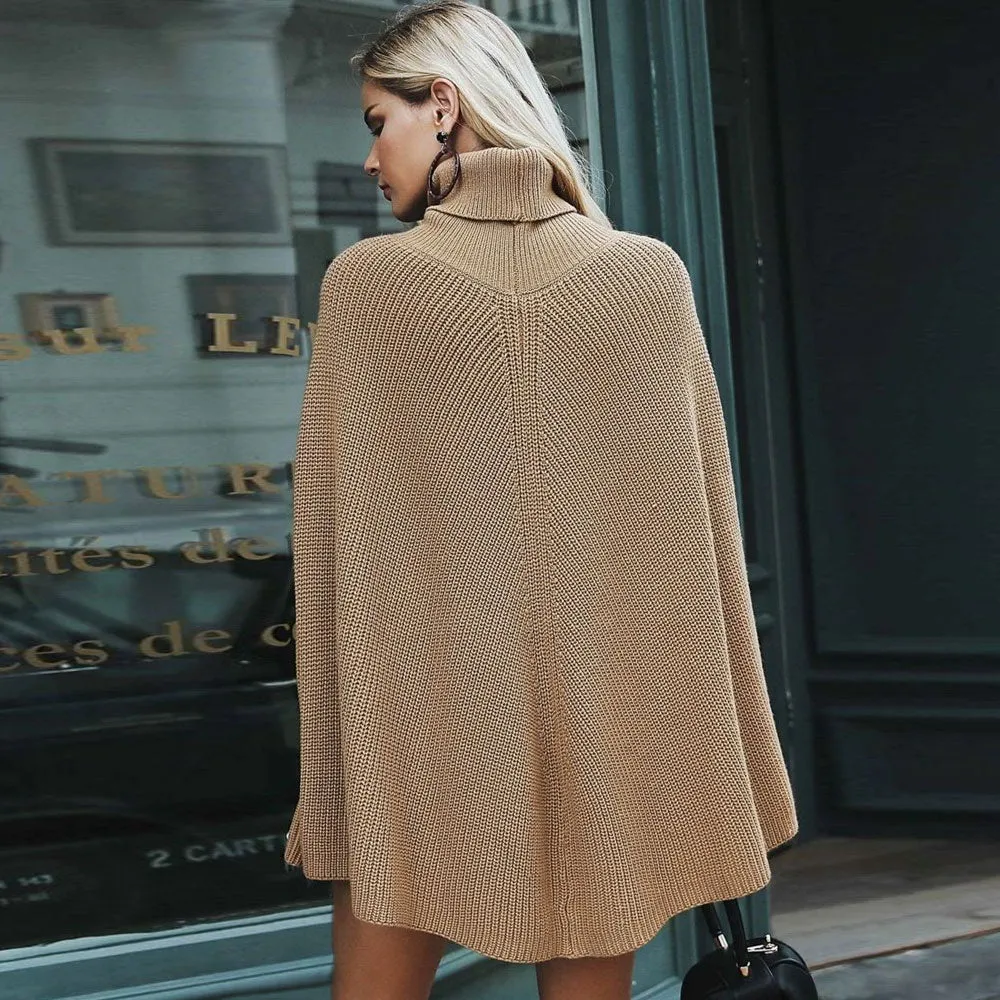 Feminine Ribbed Knit Oversized Turtleneck Poncho Sweater