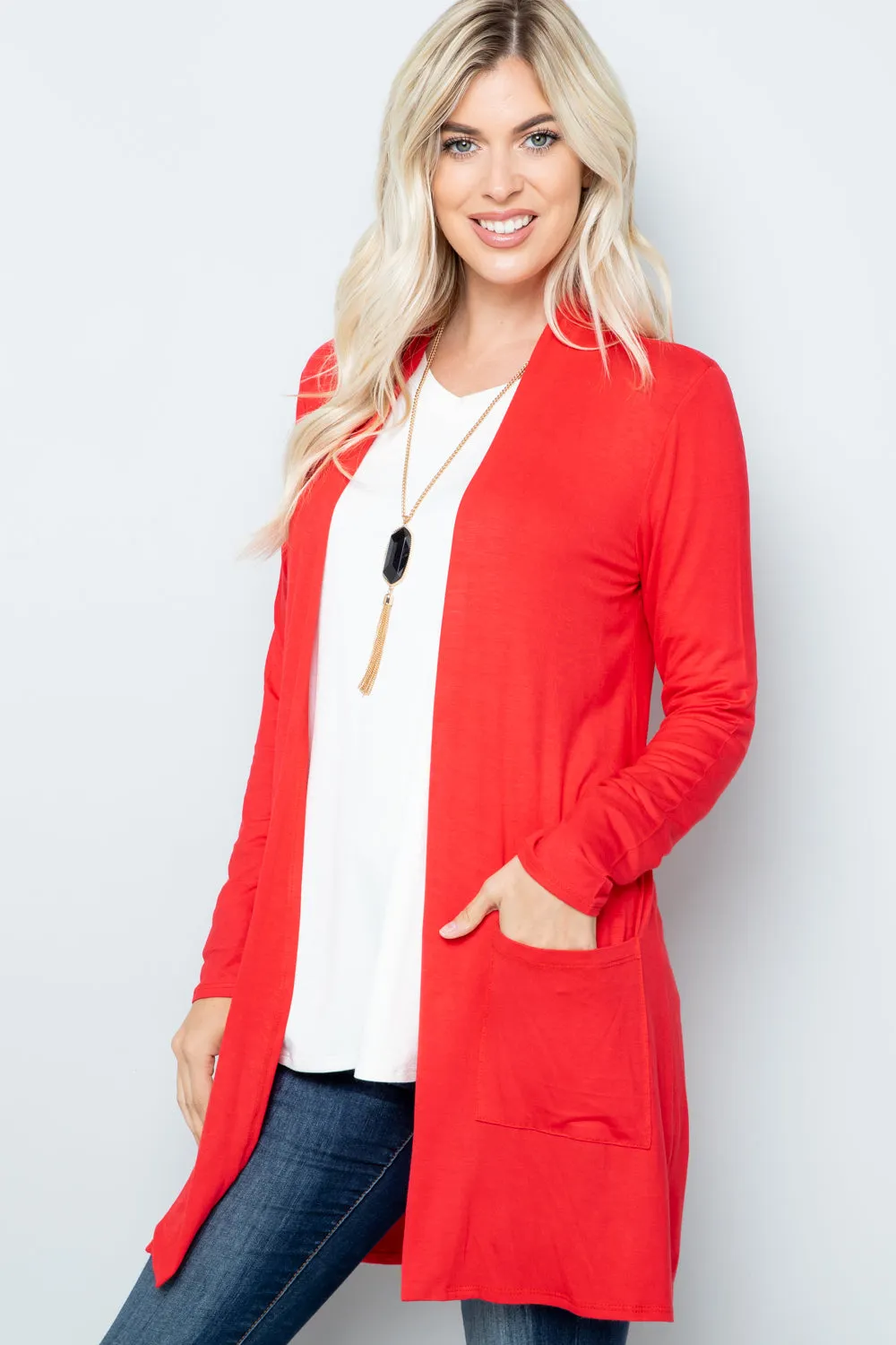 Full Size Open Front Cardigan with Pockets