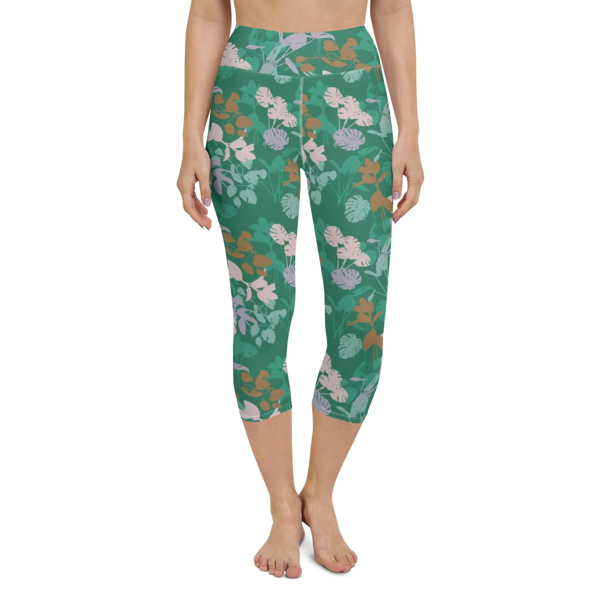 Green Floral Women's Capri Yoga Pants