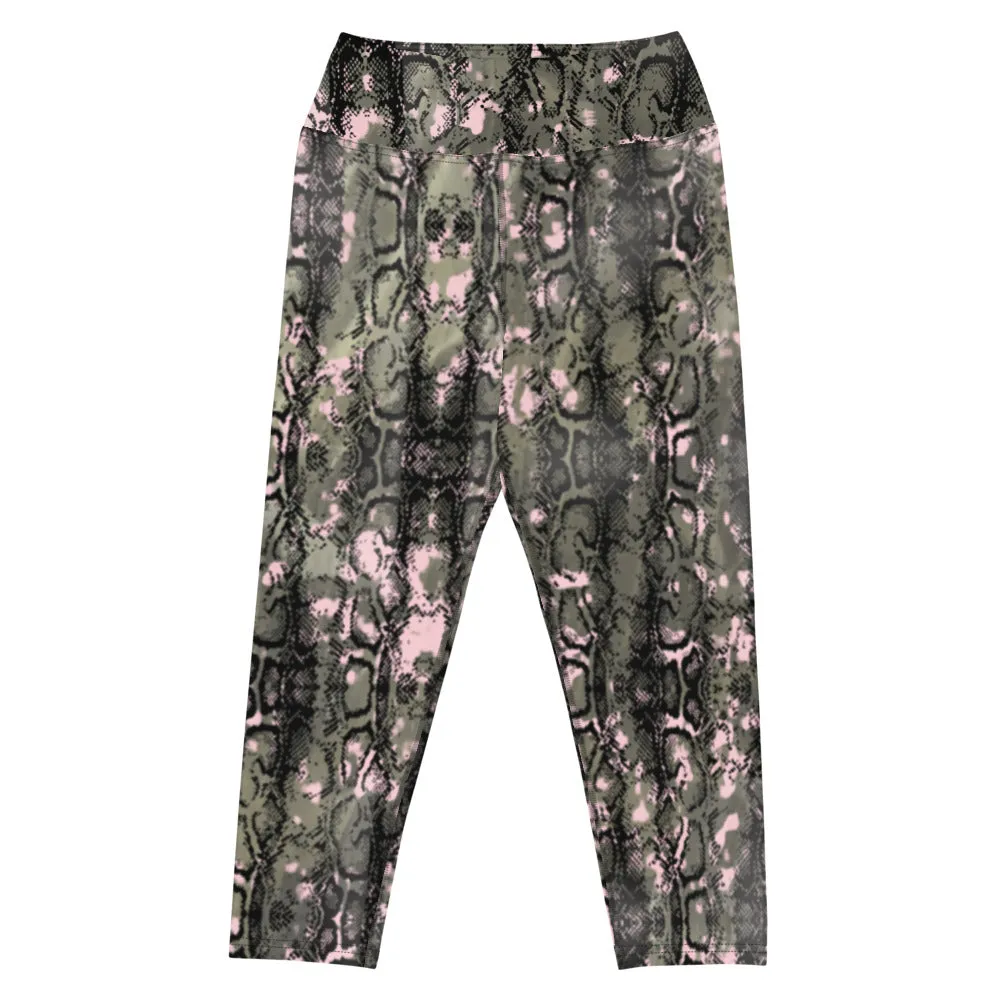 Green Snakeprint Yoga Capri Leggings, Pale Pink Ladies' Gym Capris Tights-Made in USA/EU/MX