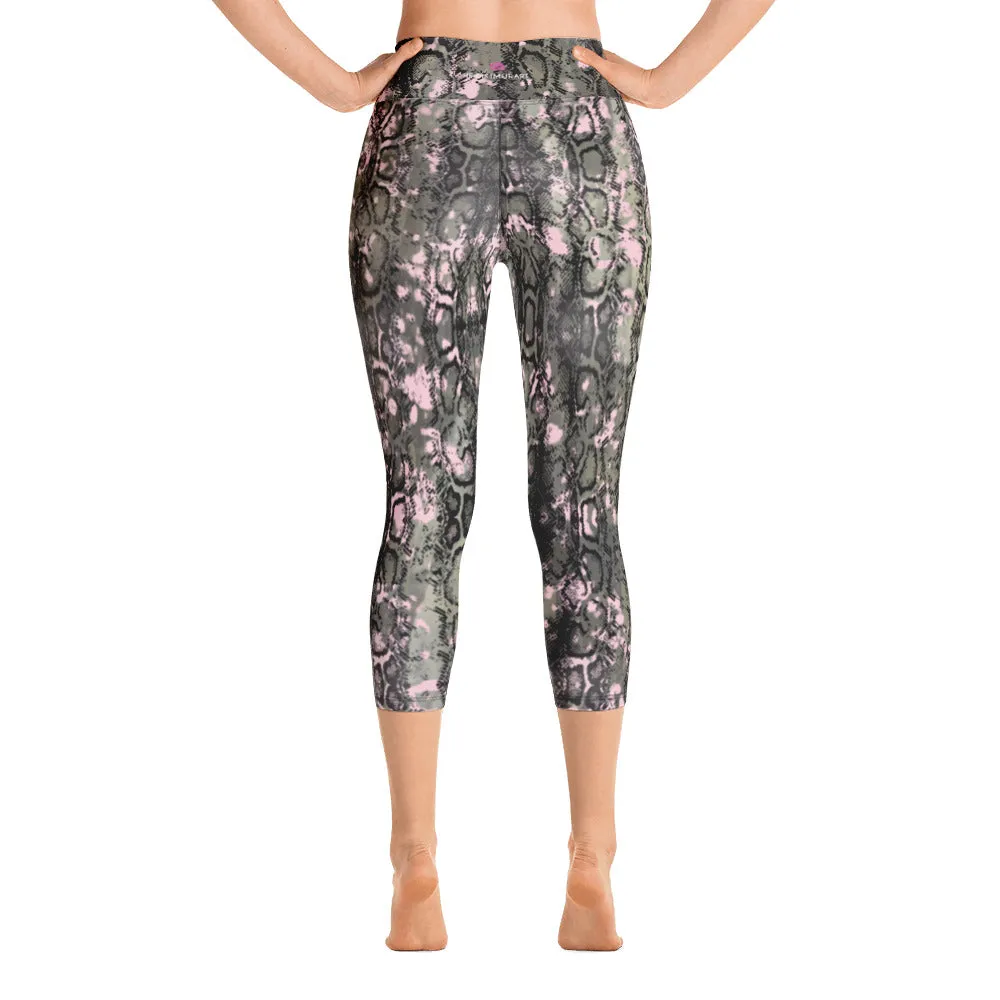 Green Snakeprint Yoga Capri Leggings, Pale Pink Ladies' Gym Capris Tights-Made in USA/EU/MX