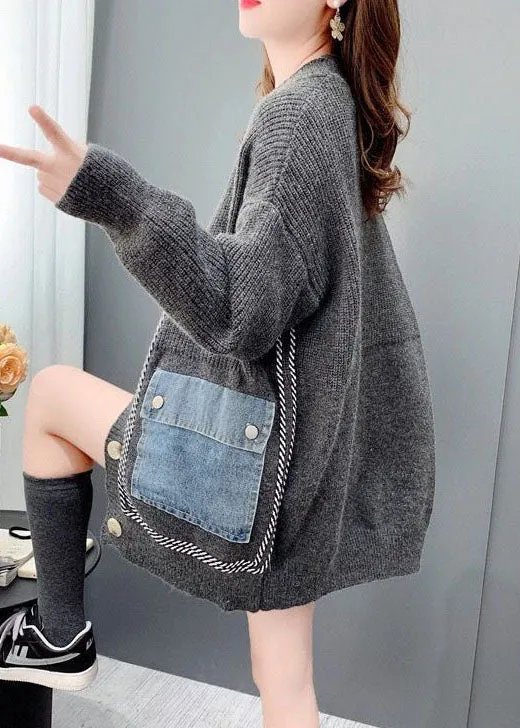 Grey Patchwork Denim Knit Loose Cardigans V Neck Pockets Winter