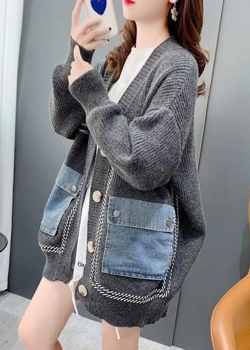 Grey Patchwork Denim Knit Loose Cardigans V Neck Pockets Winter