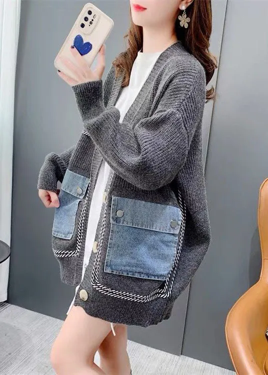 Grey Patchwork Denim Knit Loose Cardigans V Neck Pockets Winter