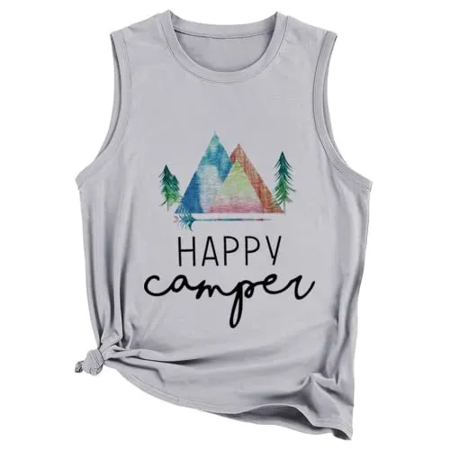 Happy Camper Tank Tops Women Camping Hiking Adventure Crew Shirt