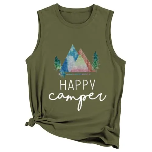 Happy Camper Tank Tops Women Camping Hiking Adventure Crew Shirt