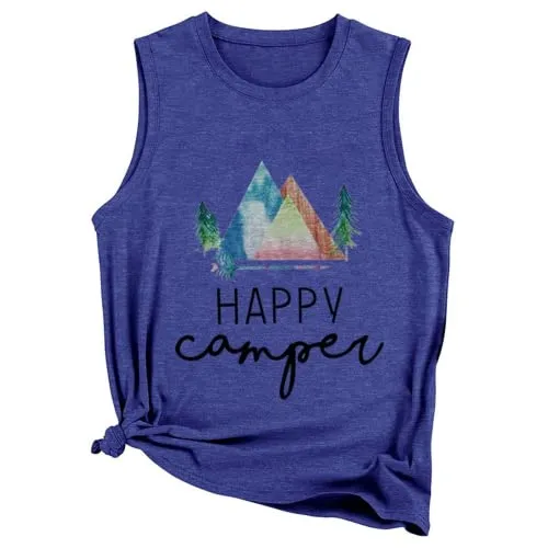 Happy Camper Tank Tops Women Camping Hiking Adventure Crew Shirt