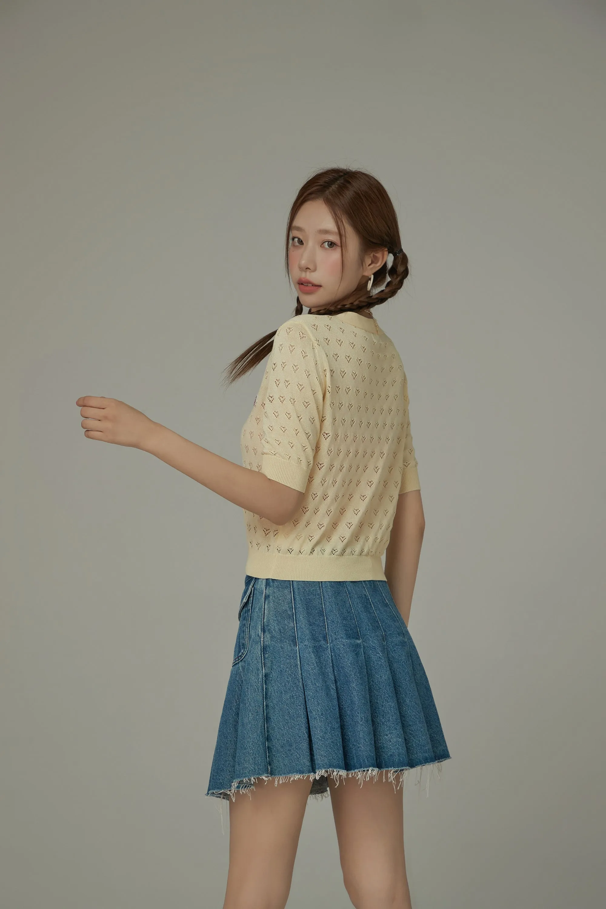 Heart Eyelet Short Sleeves Knit Cardigan