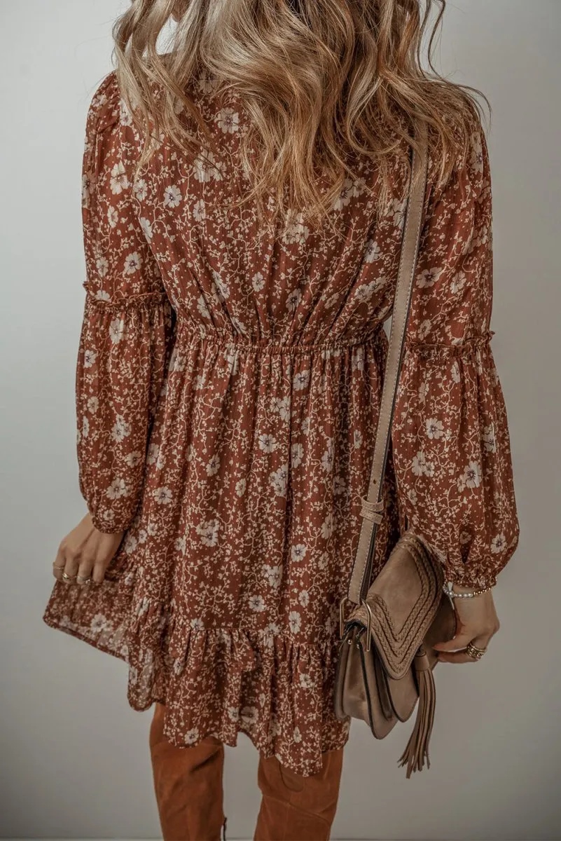 Heather Boho Brown Floral Ruffled Mini Dress