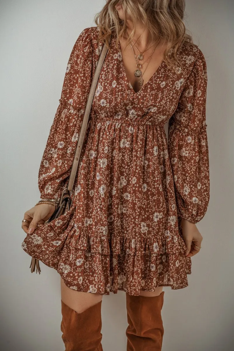 Heather Boho Brown Floral Ruffled Mini Dress